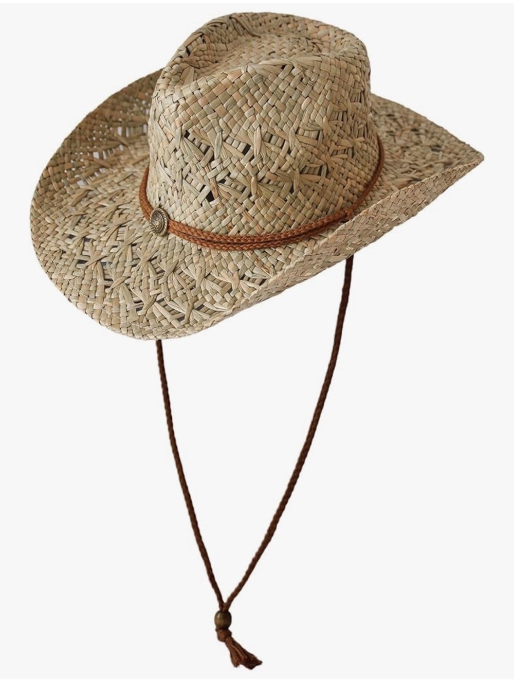 Woven Straw Cowboy Hat with Chin Cord - Natural Western style Vintage Unisex